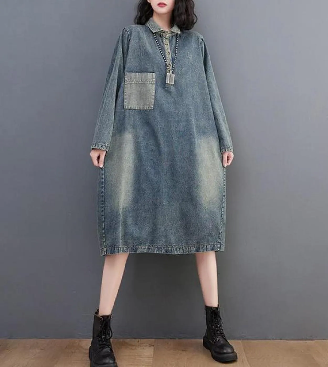 2022 Autunno New Arts Style Women Long Sleeve Loose Lunghezza al ginocchio Abiti Vintage Blue Turn Down Collar Cotton Denim Dres