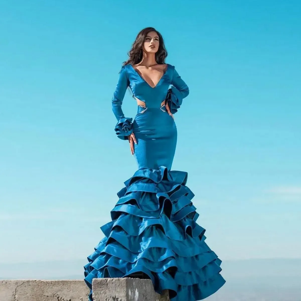Abiti da ballo eleganti a sirena con scollo a V maniche lunghe abito da sera a strati abiti su misura para mujer eleganti Y B