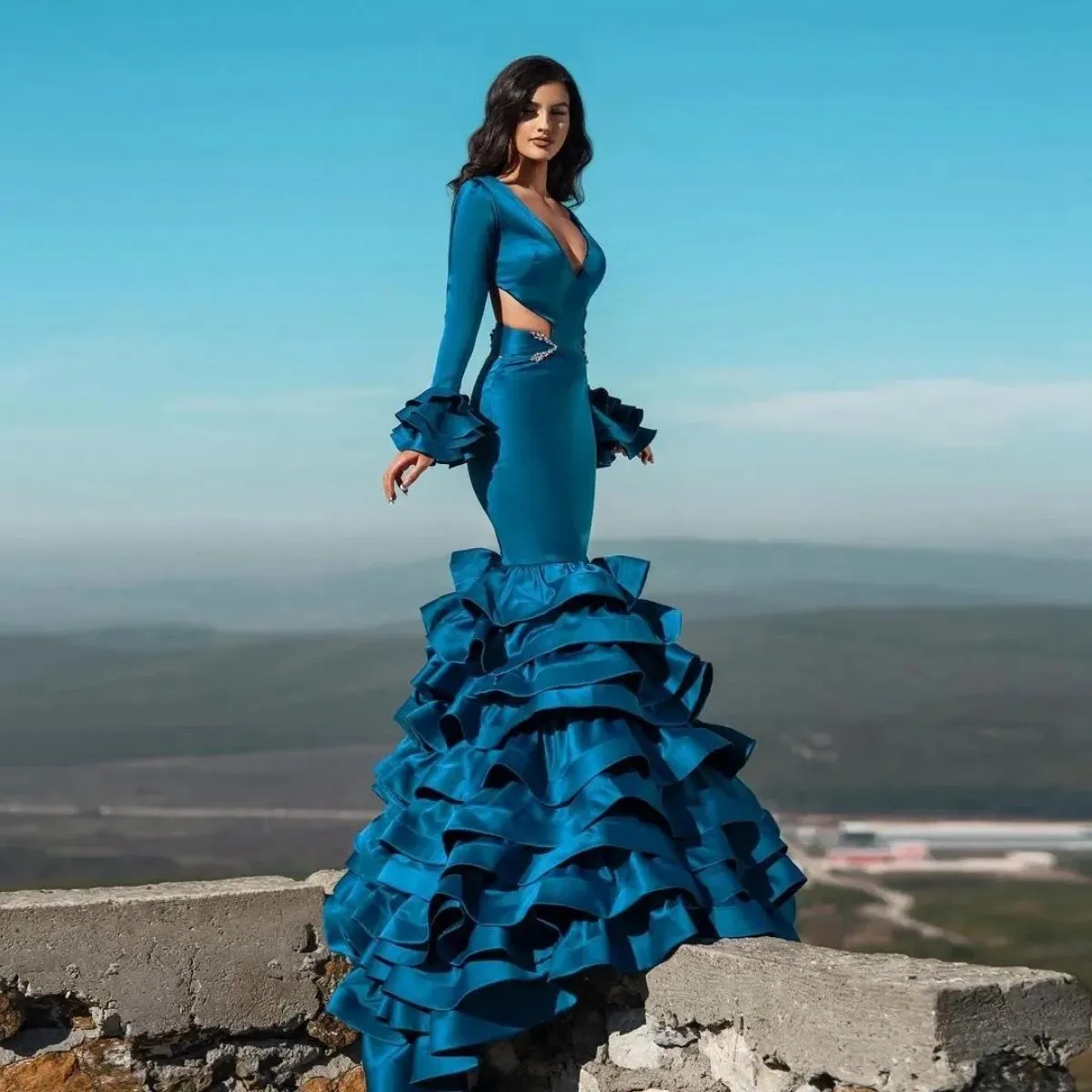 Abiti da ballo eleganti a sirena con scollo a V maniche lunghe abito da sera a strati abiti su misura para mujer eleganti Y B