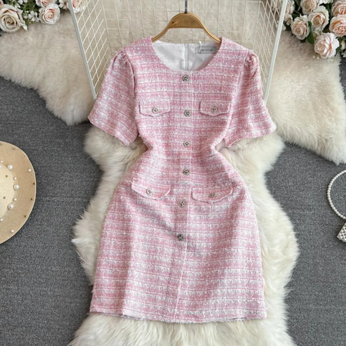 Abito estivo in tweed per donna Abito monopetto di lusso Mini Tarf Chic Mezza manica in lana Abiti femminili Blu / rosa / nero N