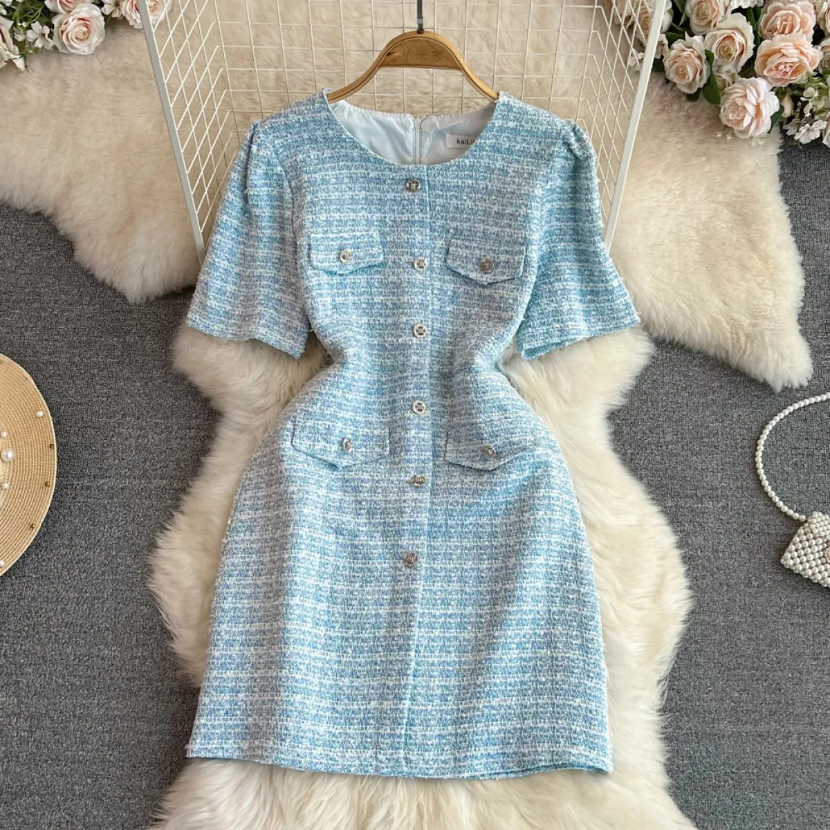 Abito estivo in tweed per donna Abito monopetto di lusso Mini Tarf Chic Mezza manica in lana Abiti femminili Blu / rosa / nero N