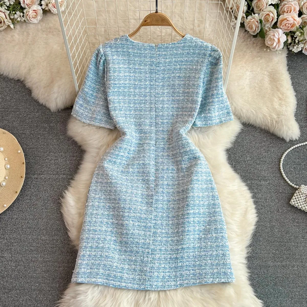 Abito estivo in tweed per donna Abito monopetto di lusso Mini Tarf Chic Mezza manica in lana Abiti femminili Blu / rosa / nero N