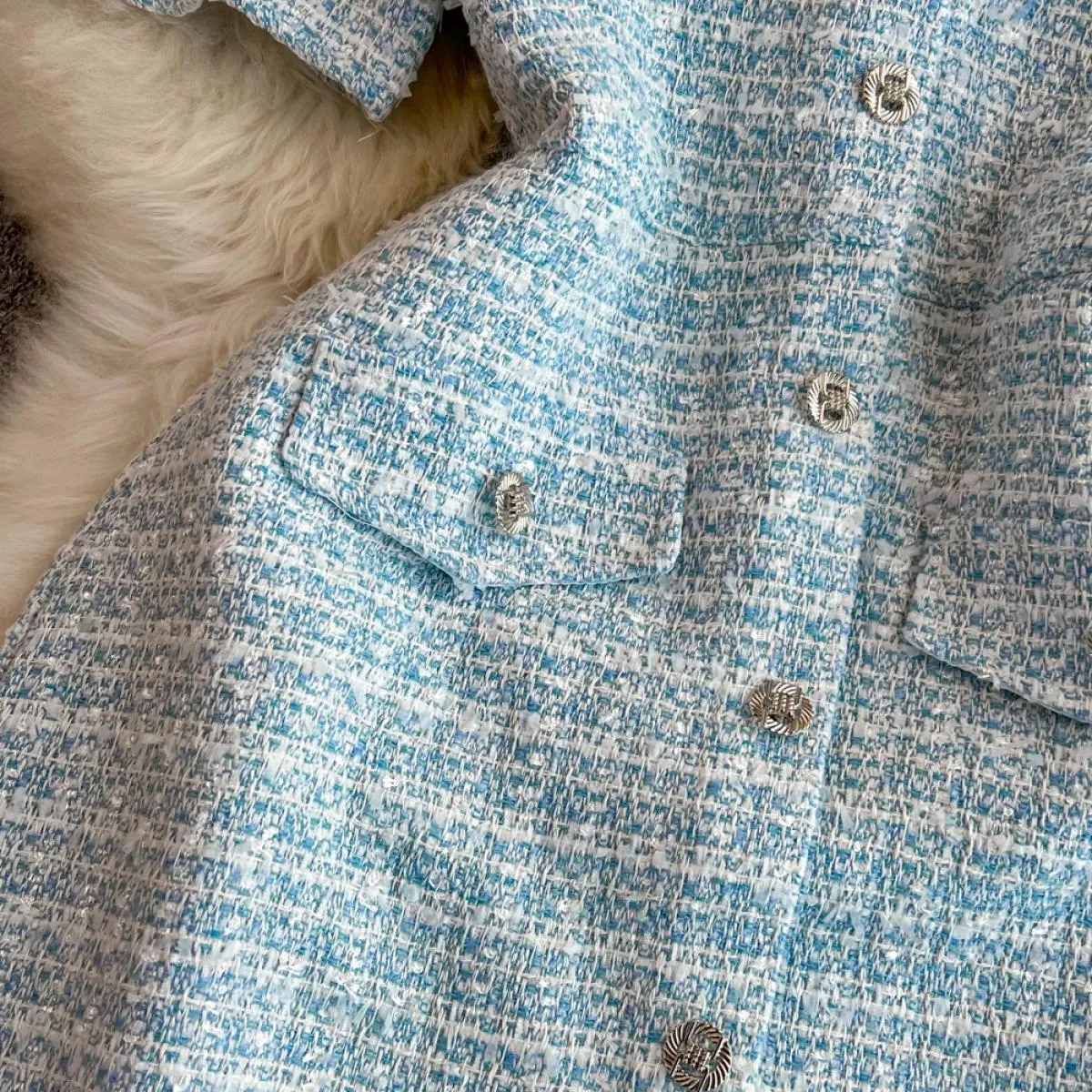 Abito estivo in tweed per donna Abito monopetto di lusso Mini Tarf Chic Mezza manica in lana Abiti femminili Blu / rosa / nero N