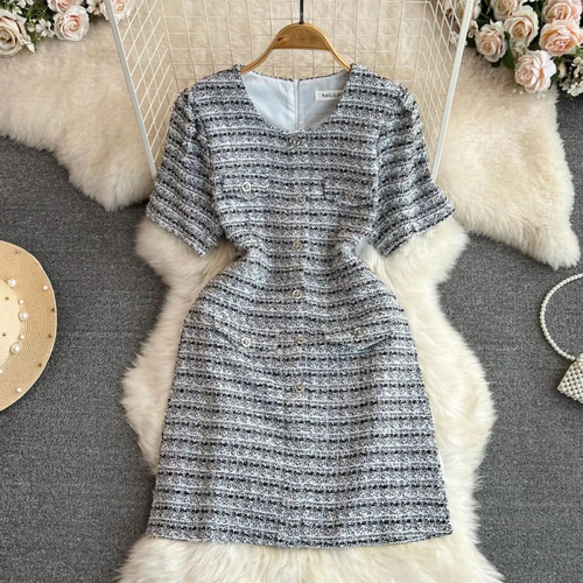Abito estivo in tweed per donna Abito monopetto di lusso Mini Tarf Chic Mezza manica in lana Abiti femminili Blu / rosa / nero N