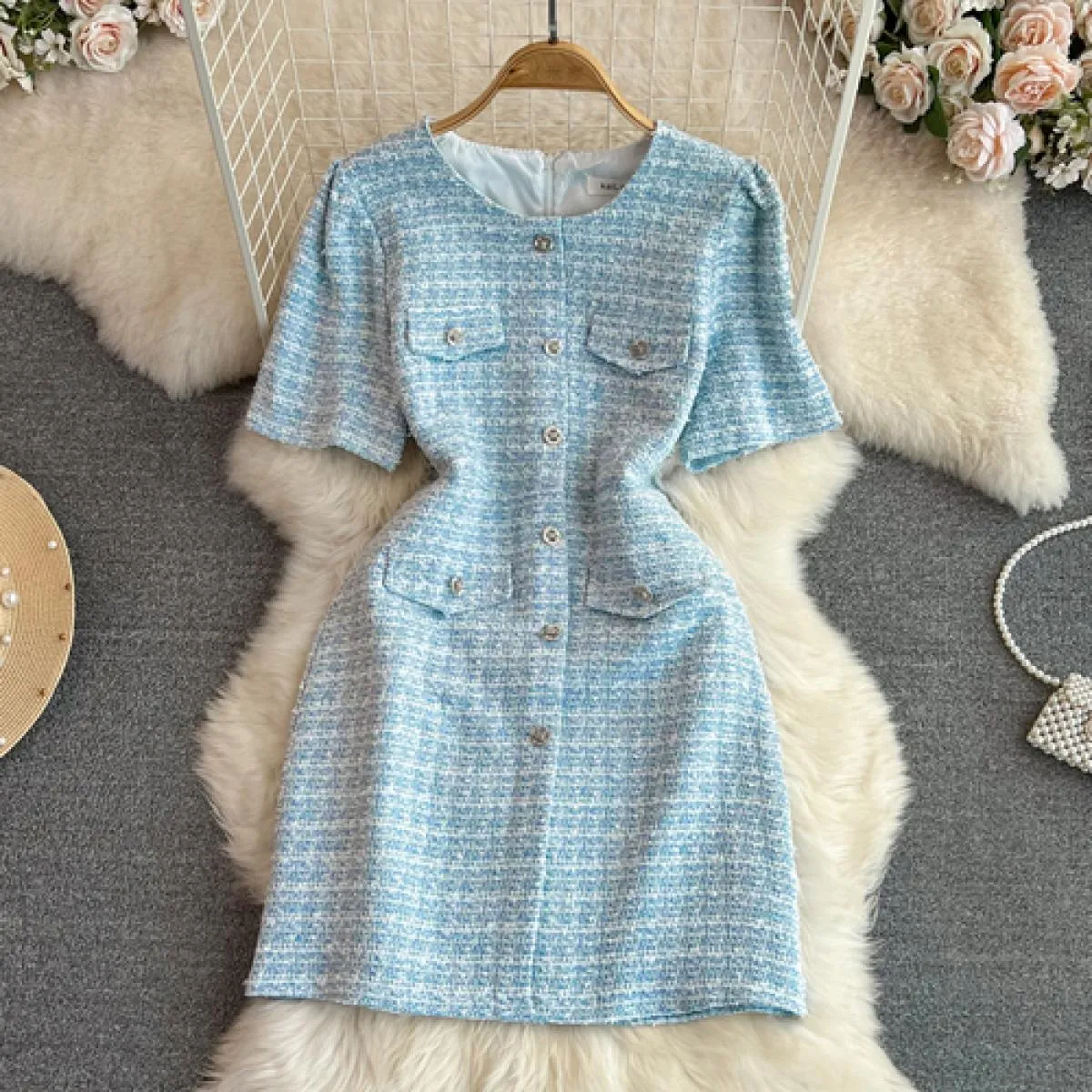 Abito estivo in tweed per donna Abito monopetto di lusso Mini Tarf Chic Mezza manica in lana Abiti femminili Blu / rosa / nero N