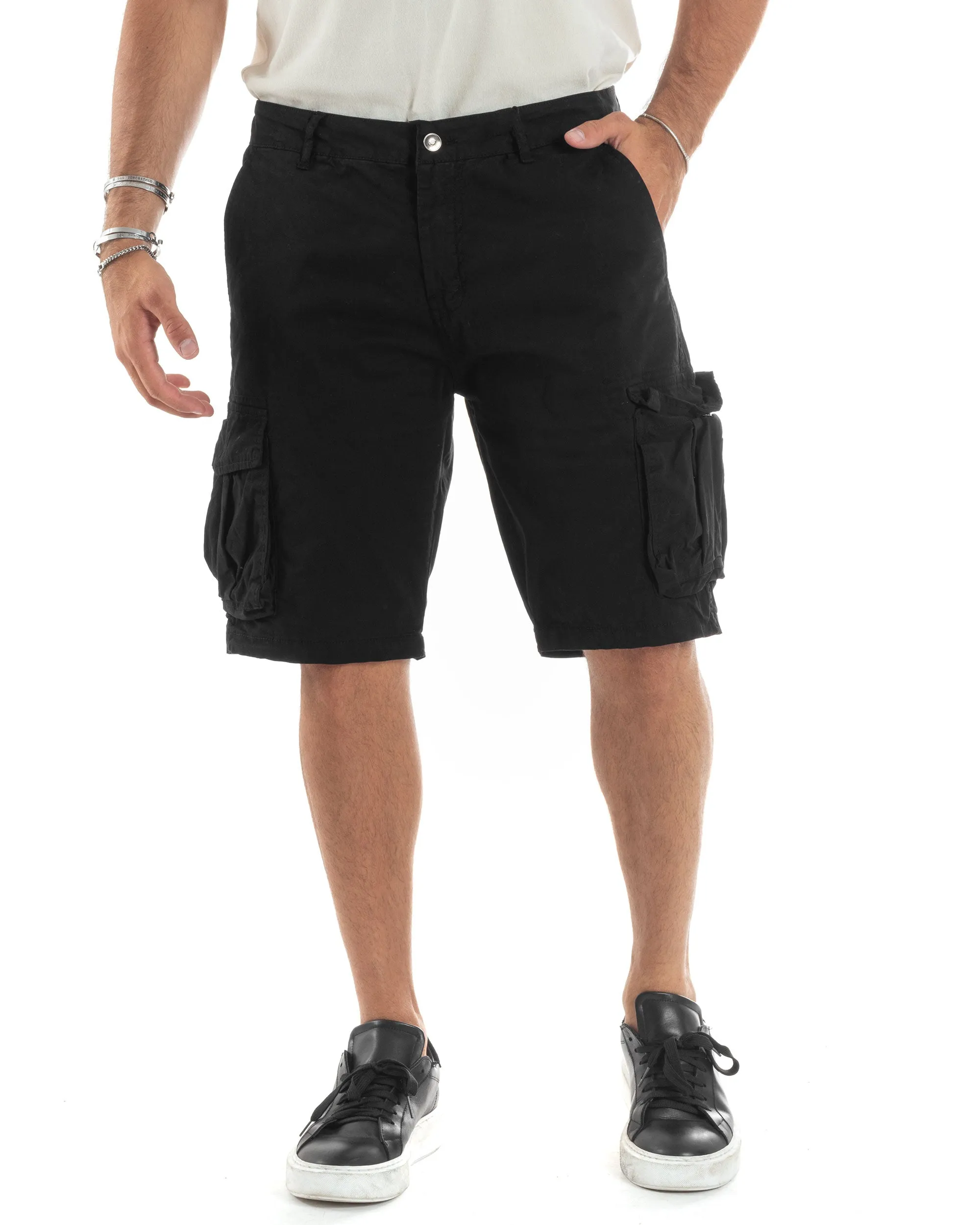 Bermuda Cargo Uomo Cotone Pantaloncini Corti Casual Con Tasconi Con Tasche America Oversize Wide Leg Tinta Unita Nero GIOSAL-PC1