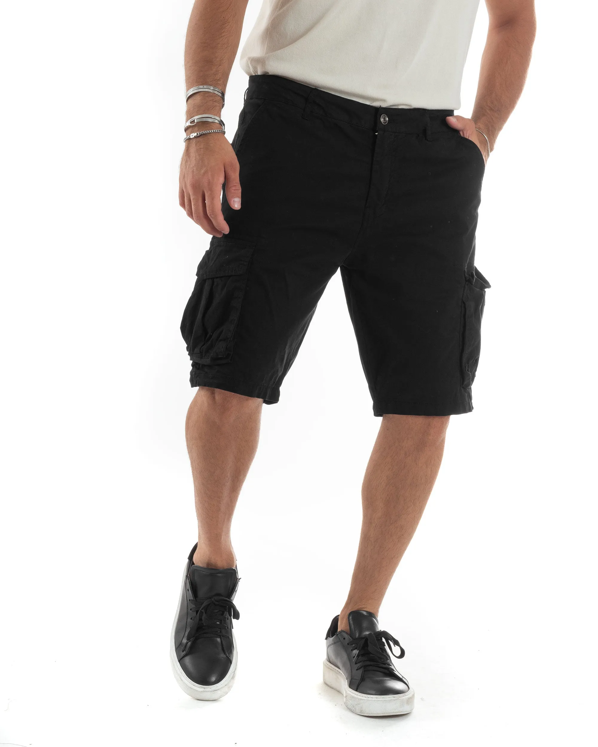 Bermuda Cargo Uomo Cotone Pantaloncini Corti Casual Con Tasconi Con Tasche America Oversize Wide Leg Tinta Unita Nero GIOSAL-PC1