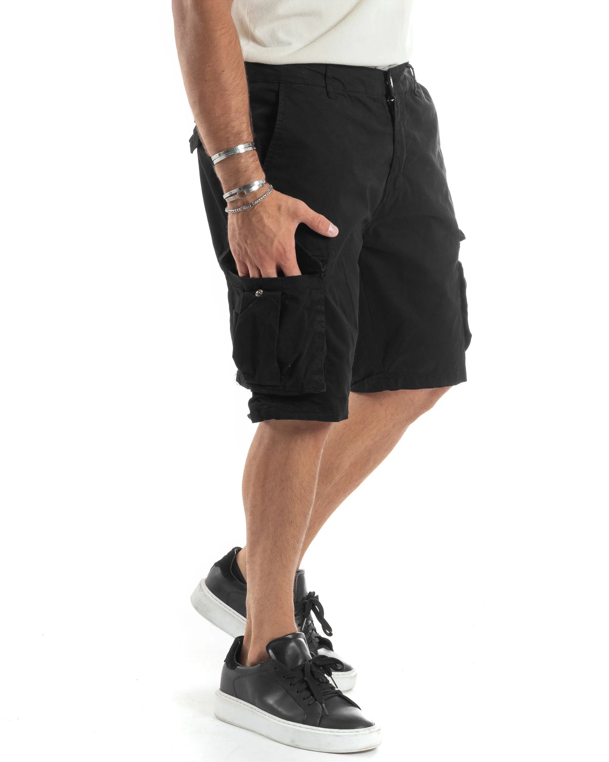 Bermuda Cargo Uomo Cotone Pantaloncini Corti Casual Con Tasconi Con Tasche America Oversize Wide Leg Tinta Unita Nero GIOSAL-PC1