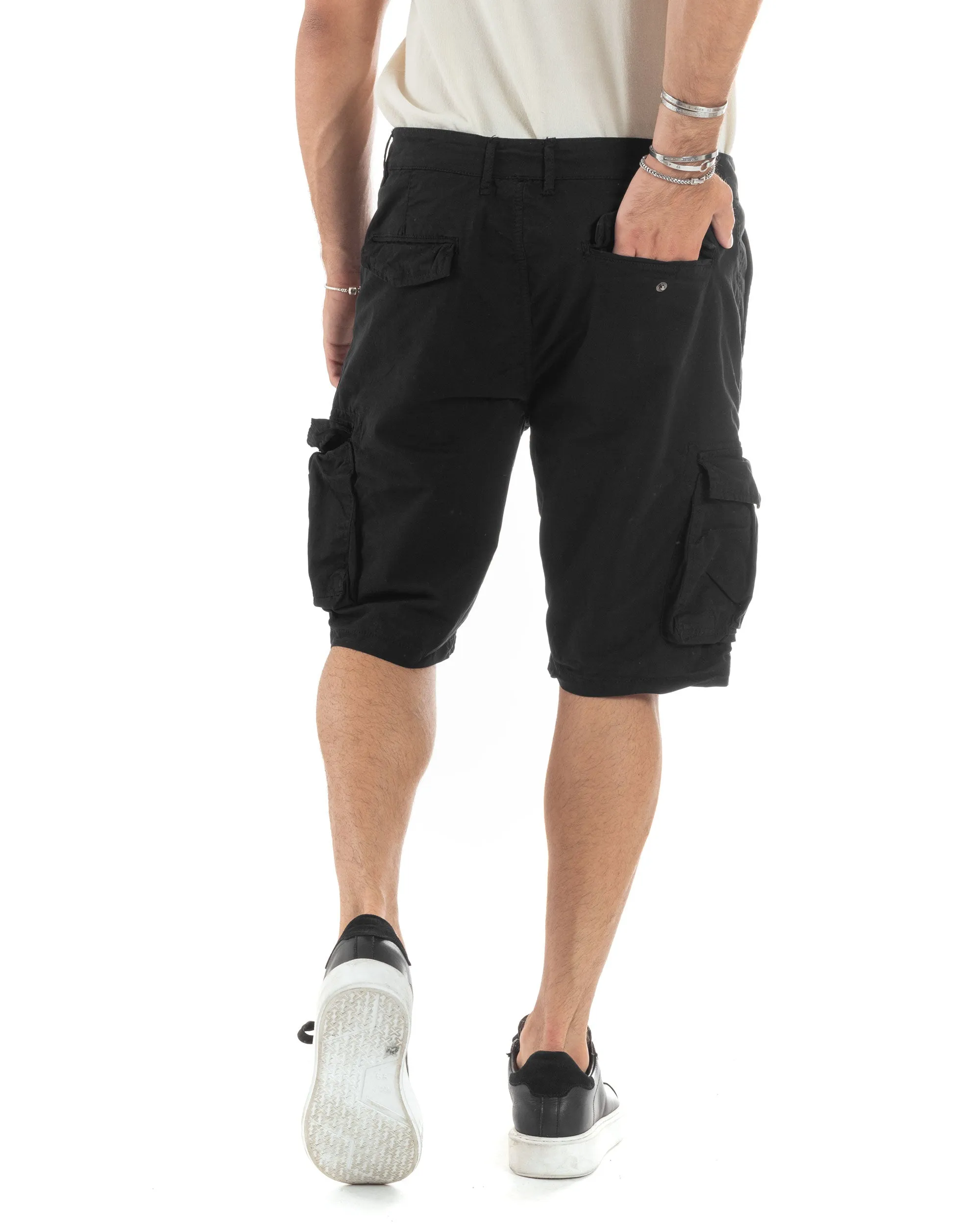 Bermuda Cargo Uomo Cotone Pantaloncini Corti Casual Con Tasconi Con Tasche America Oversize Wide Leg Tinta Unita Nero GIOSAL-PC1