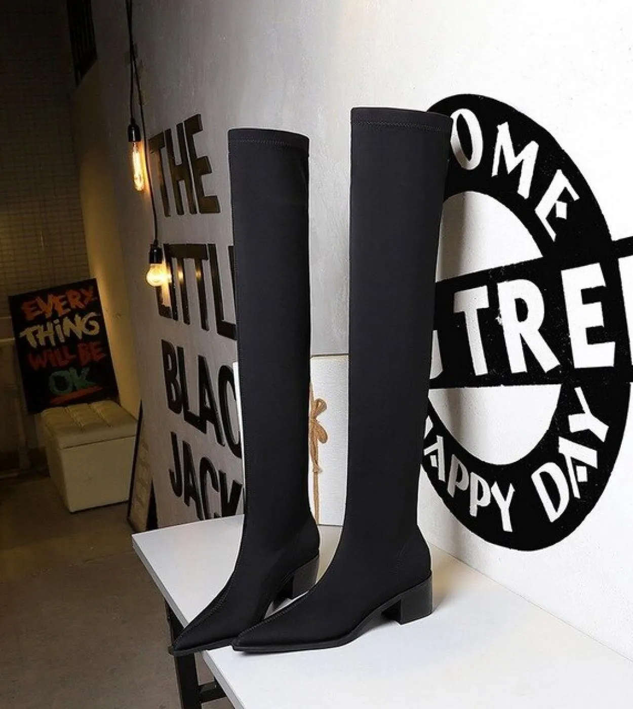 Bigtree Fashion Nightclub Slim Womens Boots Wood Tacco spesso Tacchi alti Elastico Lycra Stivali sopra il ginocchio Street Style