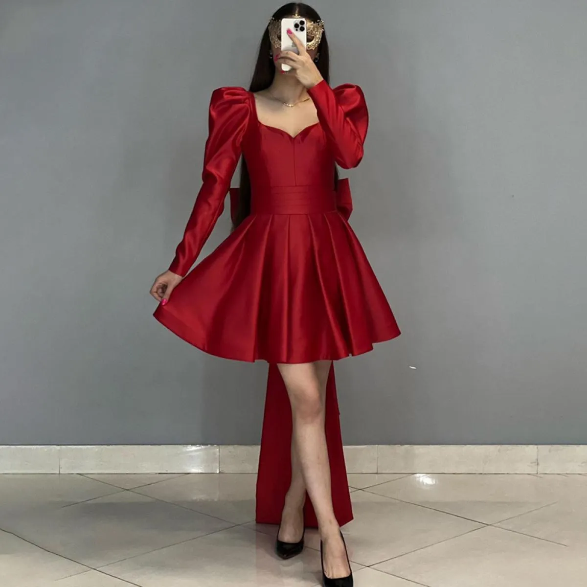 Borgogna A Line Abiti da sera 2023 Donna Manica intera Sweetheart Lunghezza al ginocchio Abiti da festa Fiocco posteriore Elegan