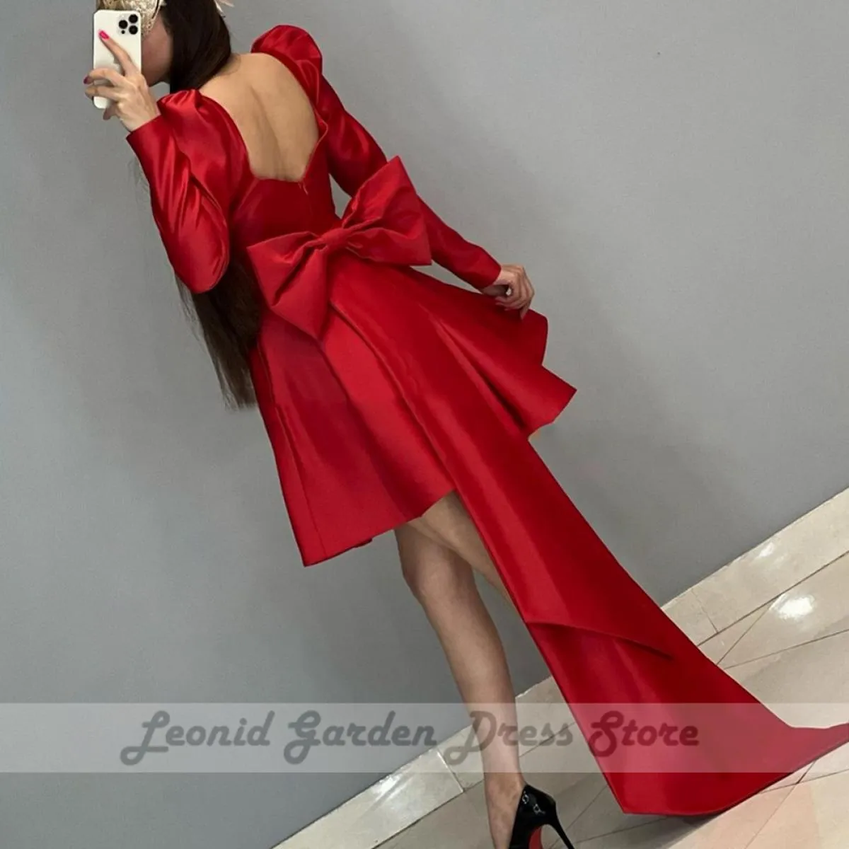 Borgogna A Line Abiti da sera 2023 Donna Manica intera Sweetheart Lunghezza al ginocchio Abiti da festa Fiocco posteriore Elegan