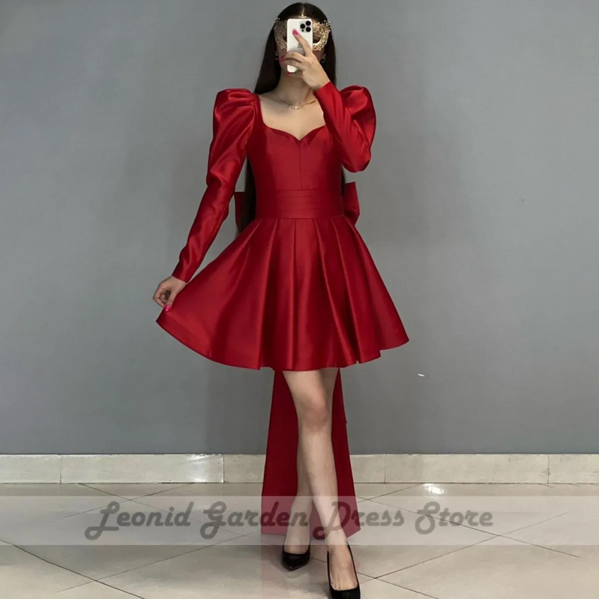 Borgogna A Line Abiti da sera 2023 Donna Manica intera Sweetheart Lunghezza al ginocchio Abiti da festa Fiocco posteriore Elegan