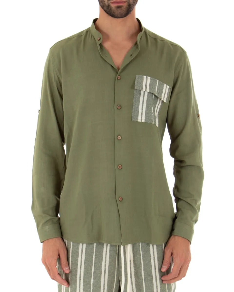 Camicia Uomo Collo Coreano Manica Lunga Regular Fit Viscosa Morbida Verde Militare GIOSAL-C2413A
