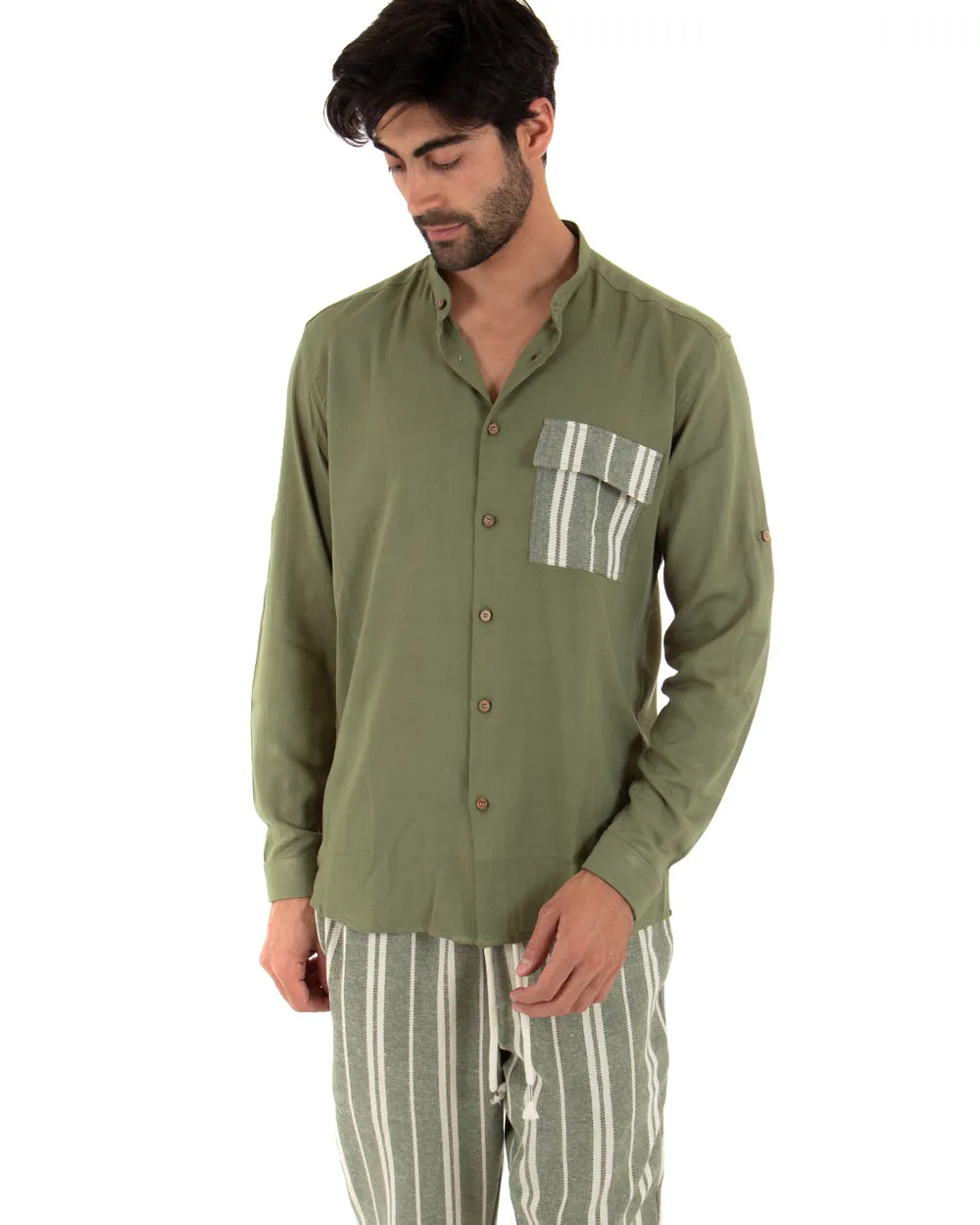 Camicia Uomo Collo Coreano Manica Lunga Regular Fit Viscosa Morbida Verde Militare GIOSAL-C2413A