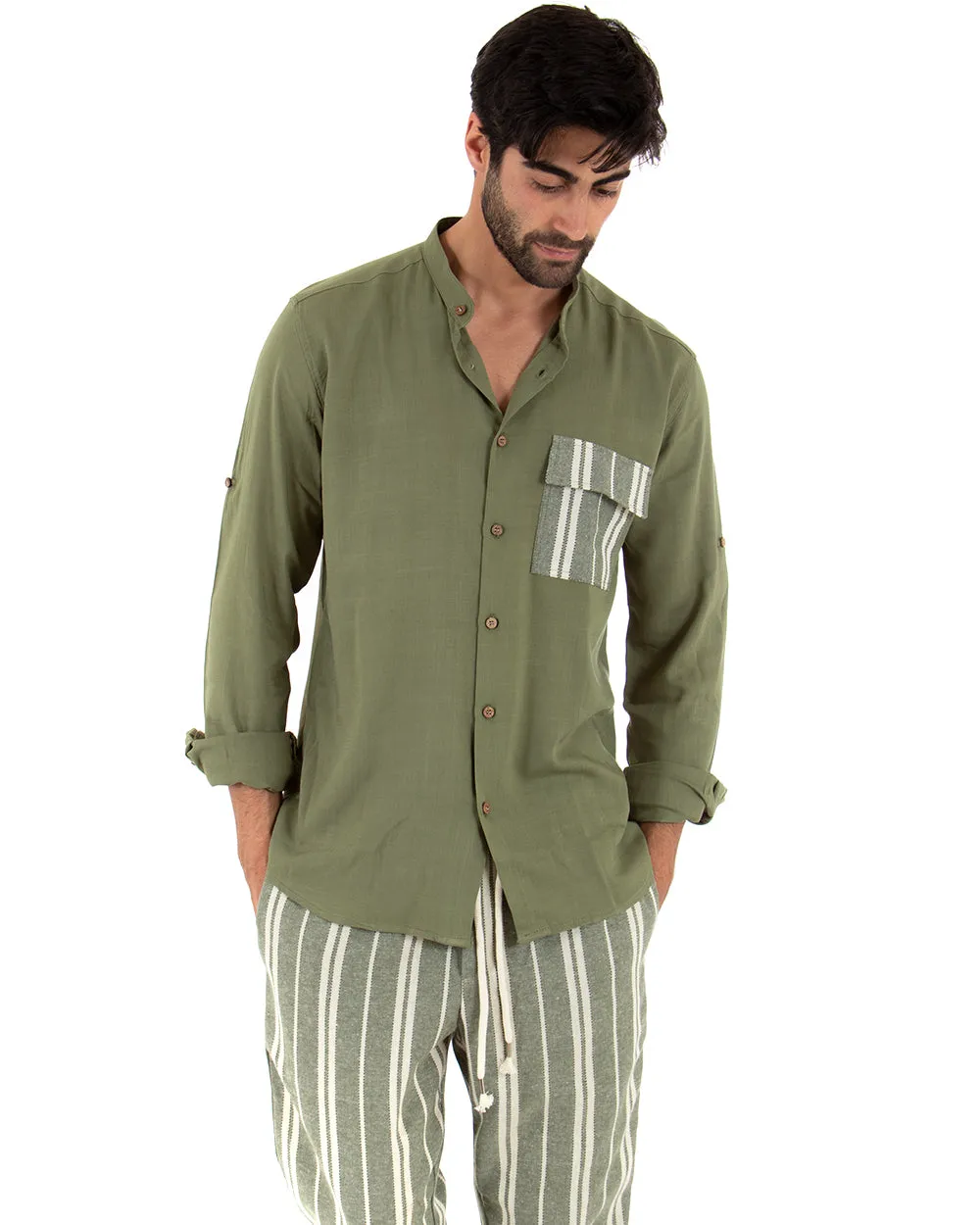 Camicia Uomo Collo Coreano Manica Lunga Regular Fit Viscosa Morbida Verde Militare GIOSAL-C2413A