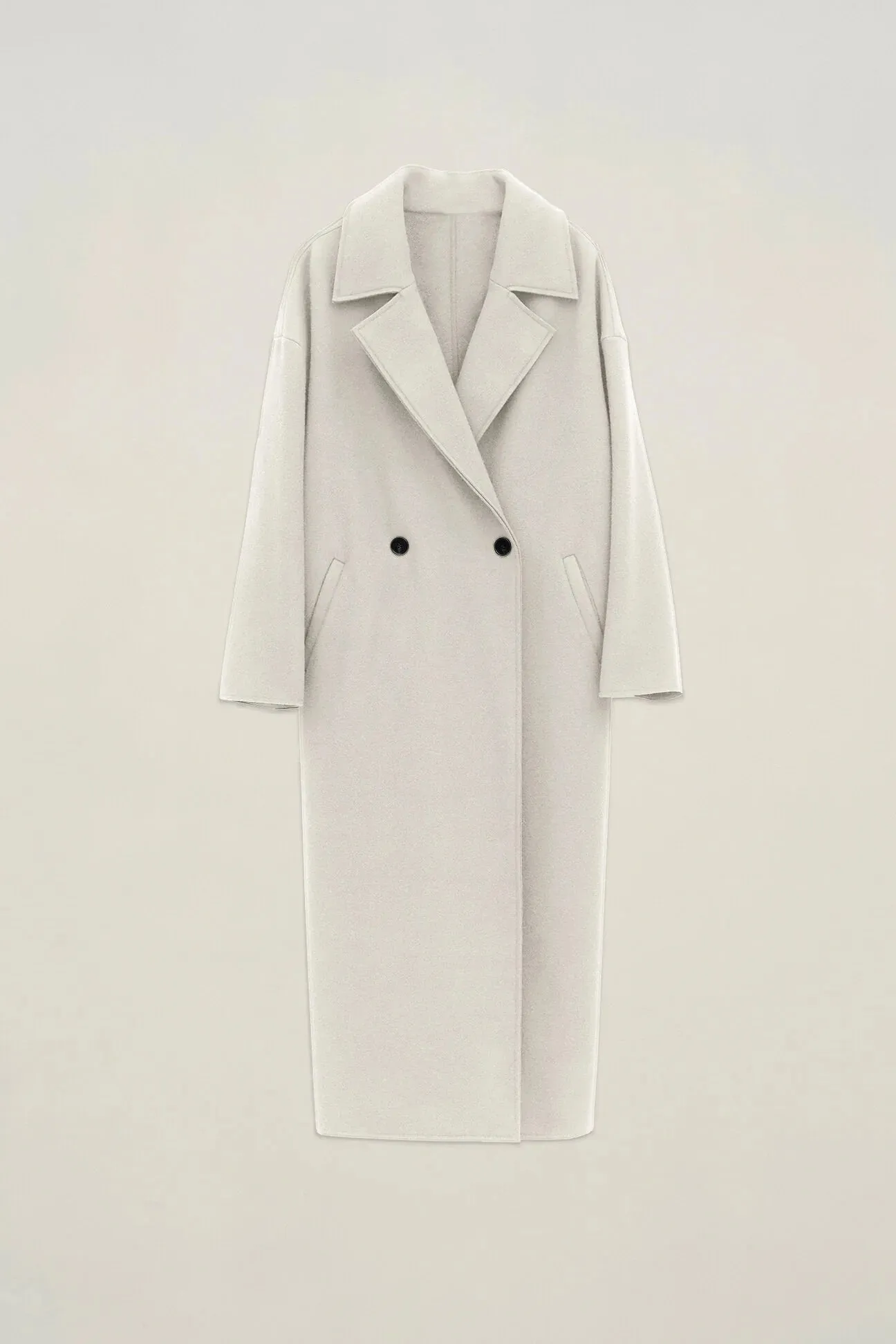 Cappotto doppiopetto lungo in lana mouflon con tasche a filetto