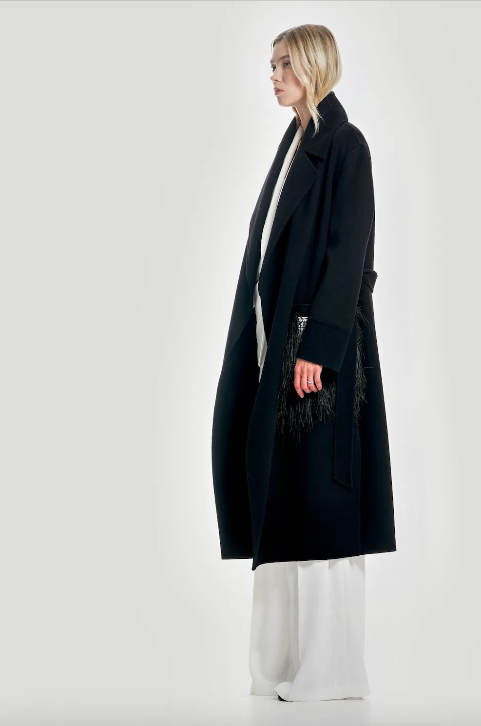 Cappotto lungo in lana double con piume nero