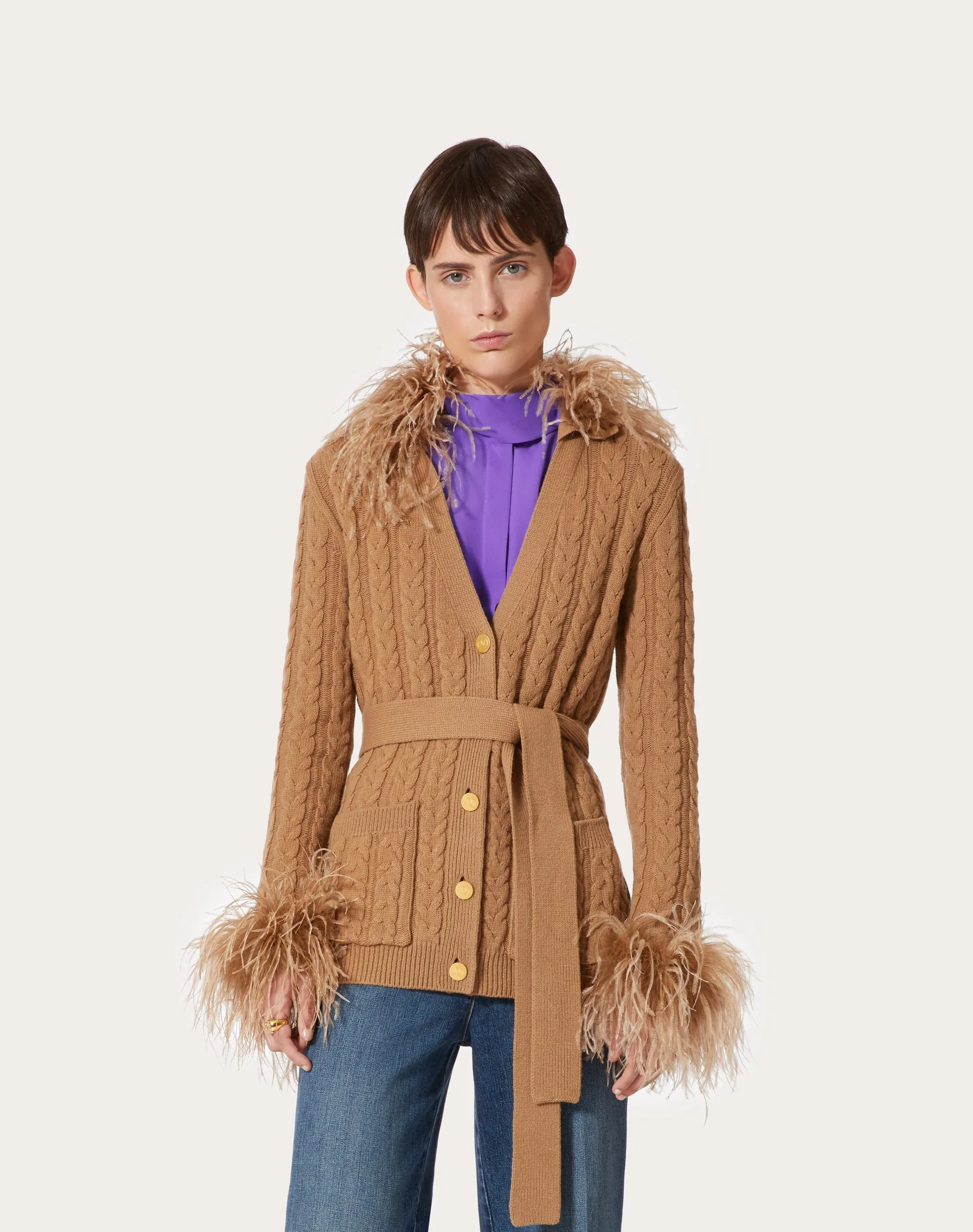 CARDIGAN IN LANA RICAMATO CON PIUME