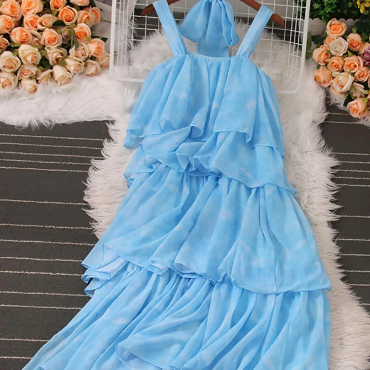 Donne estive Halter Ruffle Vestito con cinturino per spaghetti Vacanza al mare Lunghezza al ginocchio Abito femminile a strati U