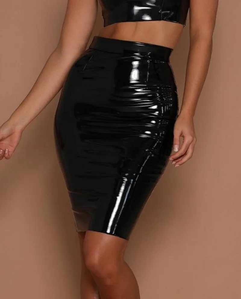 Gonne elastiche da donna Gonne a tubino in ecopelle a vita alta tinta unita per adulti Vita alta Gonna al ginocchio a linea