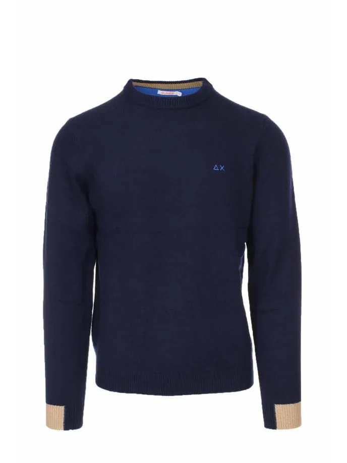 Maglia girocollo in lana con polsini in contrasto