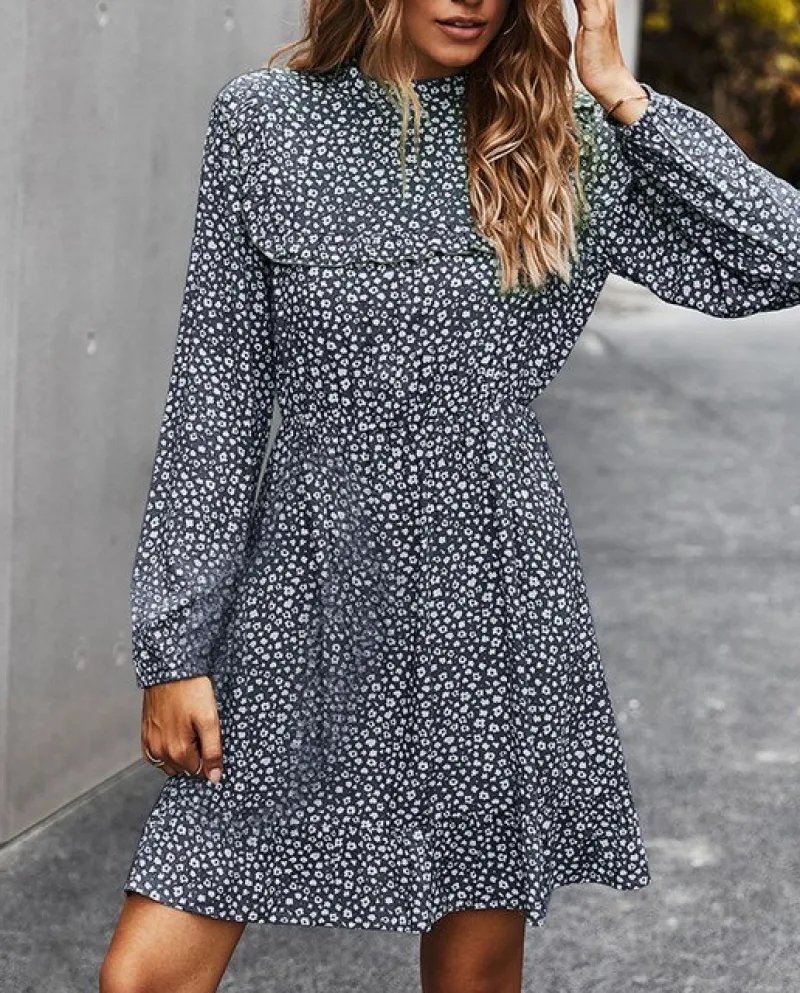 Mini abito da donna con scollo rotondo a maniche lunghe floreale con volant Abito casual da donna Abiti al ginocchio Abiti Fema