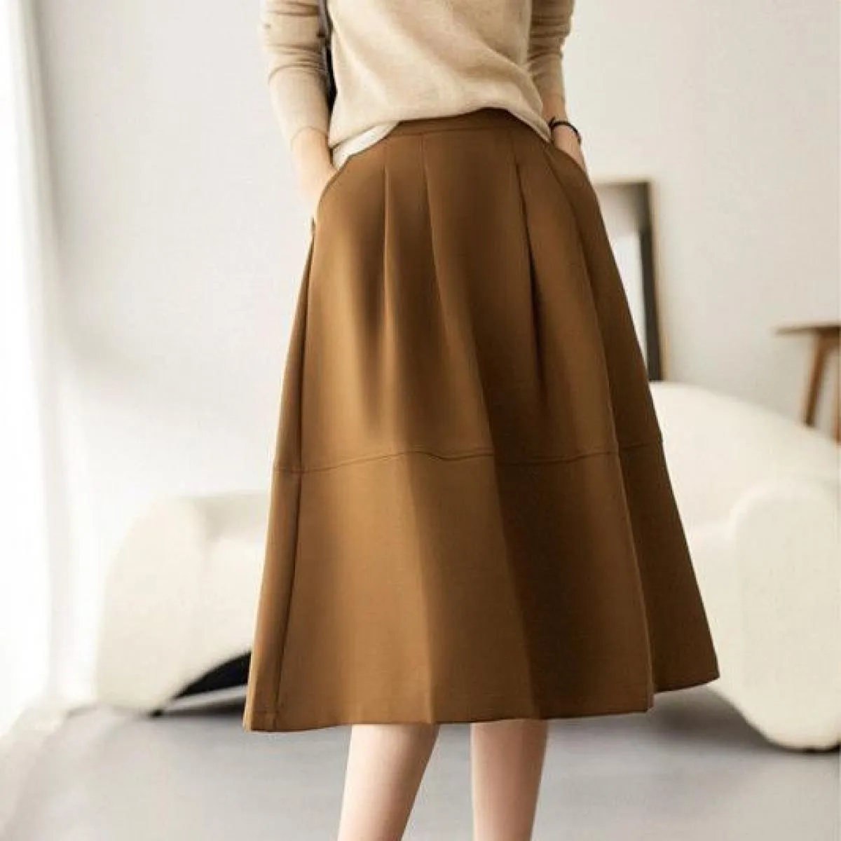 Nuovo autunno gonne al ginocchio donna vintage solido semplice una linea tutti abbinati ufficio signora elegante temperamento ch