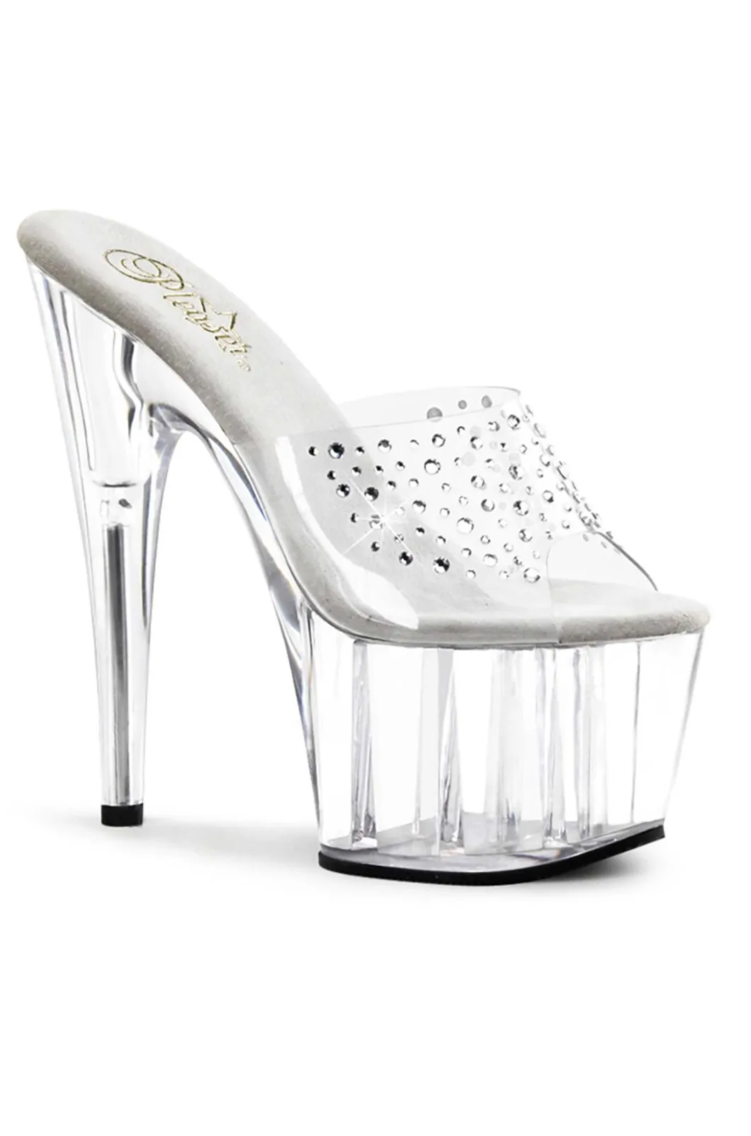PLEASER-Sabot trasparente con strass argento