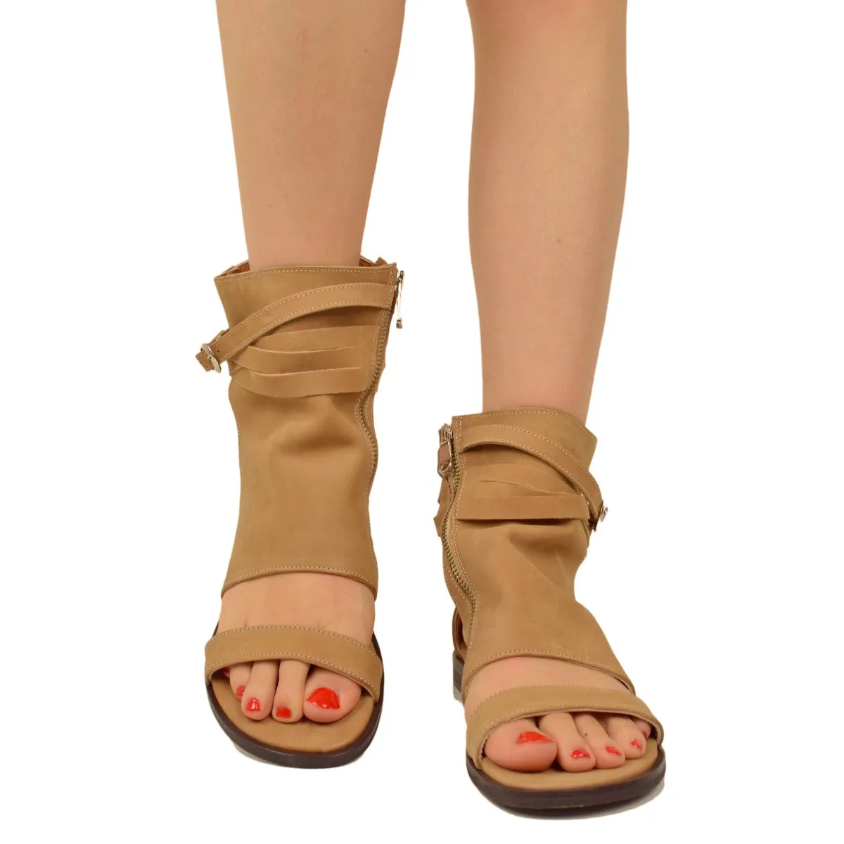 Sandali a Stivaletto Donna color Sabbia in Pelle Nabuk