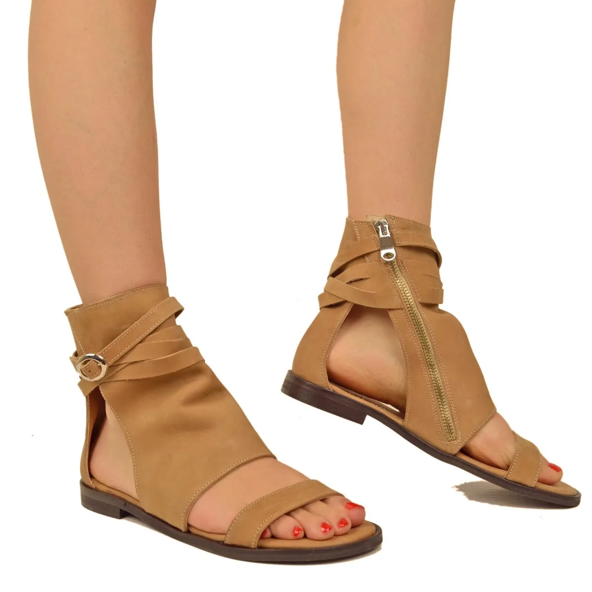 Sandali a Stivaletto Donna color Sabbia in Pelle Nabuk