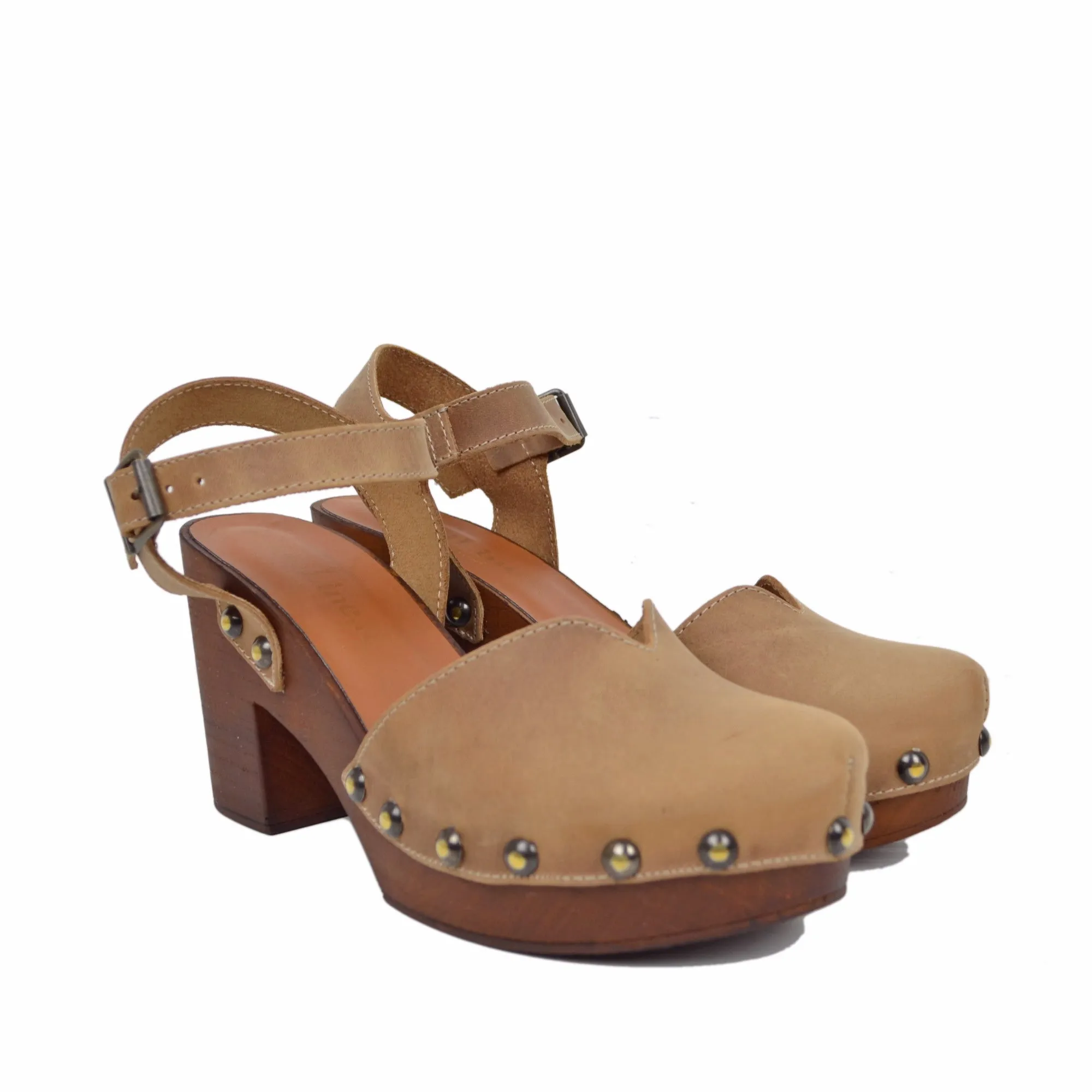 Sandali a Zoccolo in Pelle Ingrassata Vintage Camel Made in Italy