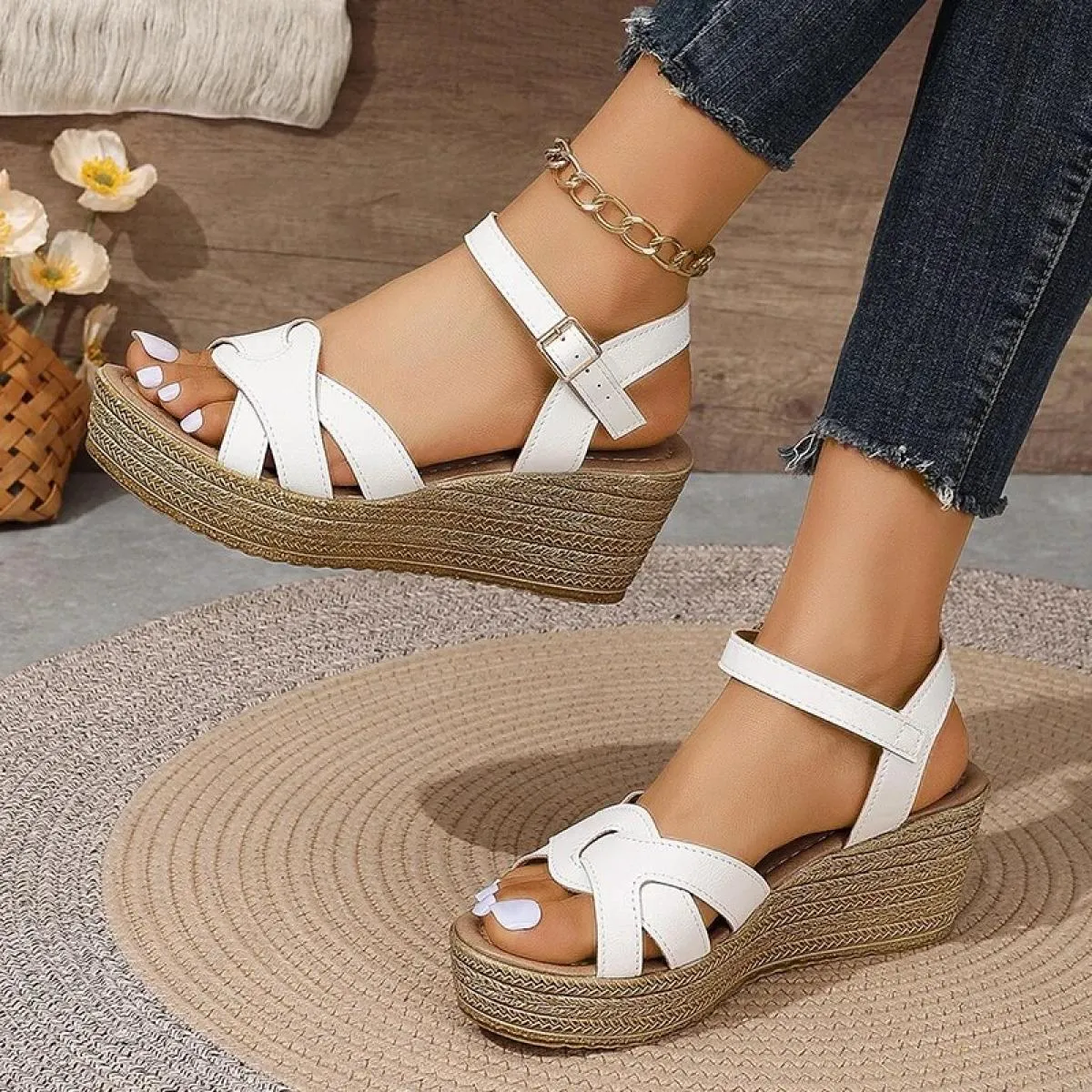 Sandali con zeppa con cinturino incrociato da donna Sandali con zeppa con fondo spesso Cinturino con fibbia Scarpe da gladiatore