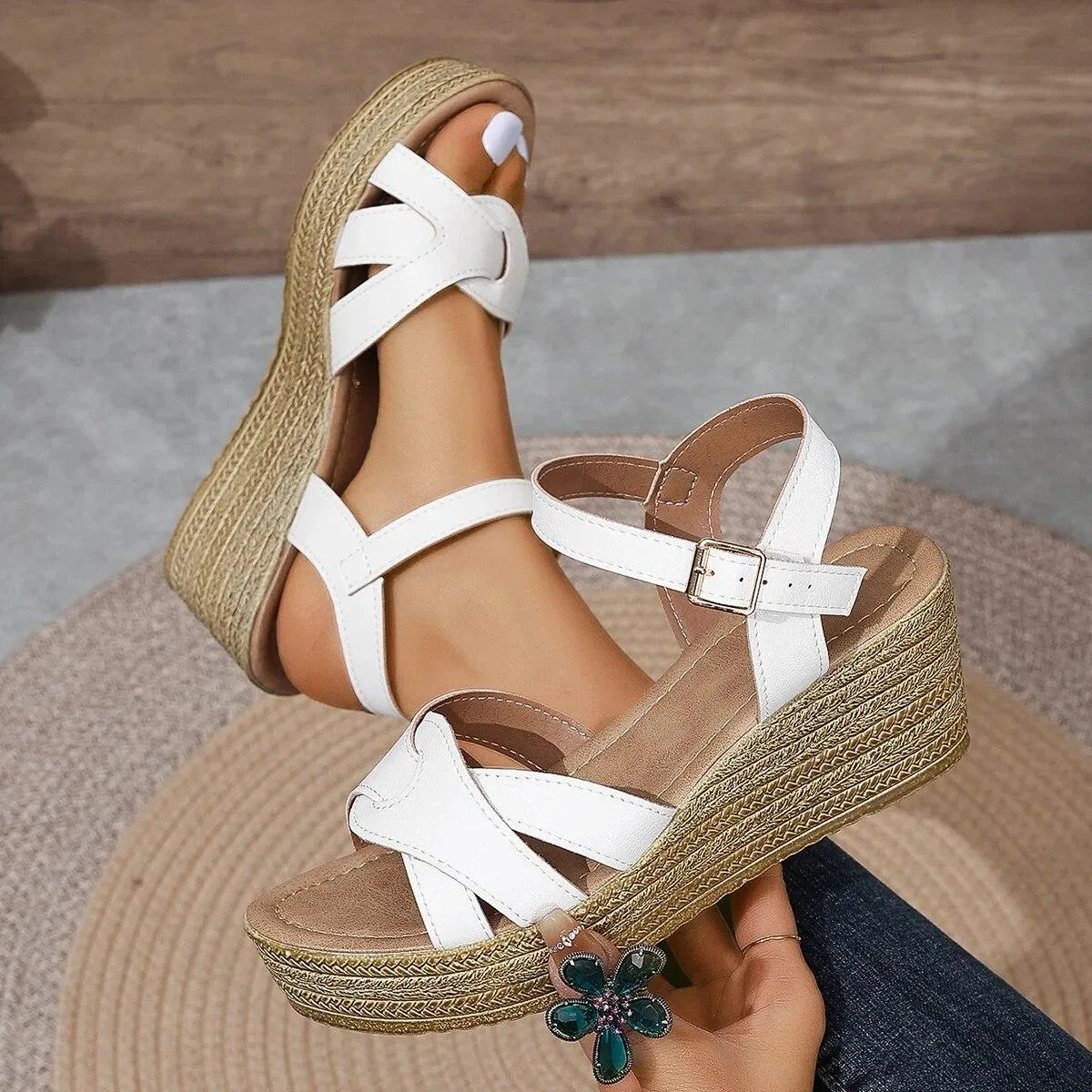 Sandali con zeppa con cinturino incrociato da donna Sandali con zeppa con fondo spesso Cinturino con fibbia Scarpe da gladiatore