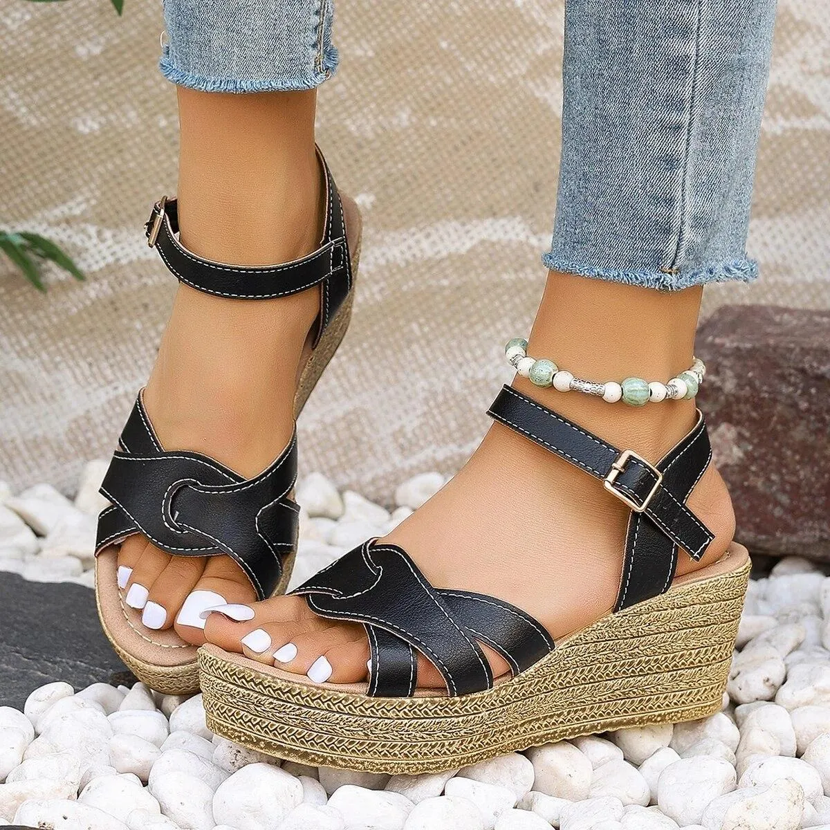 Sandali con zeppa con cinturino incrociato da donna Sandali con zeppa con fondo spesso Cinturino con fibbia Scarpe da gladiatore