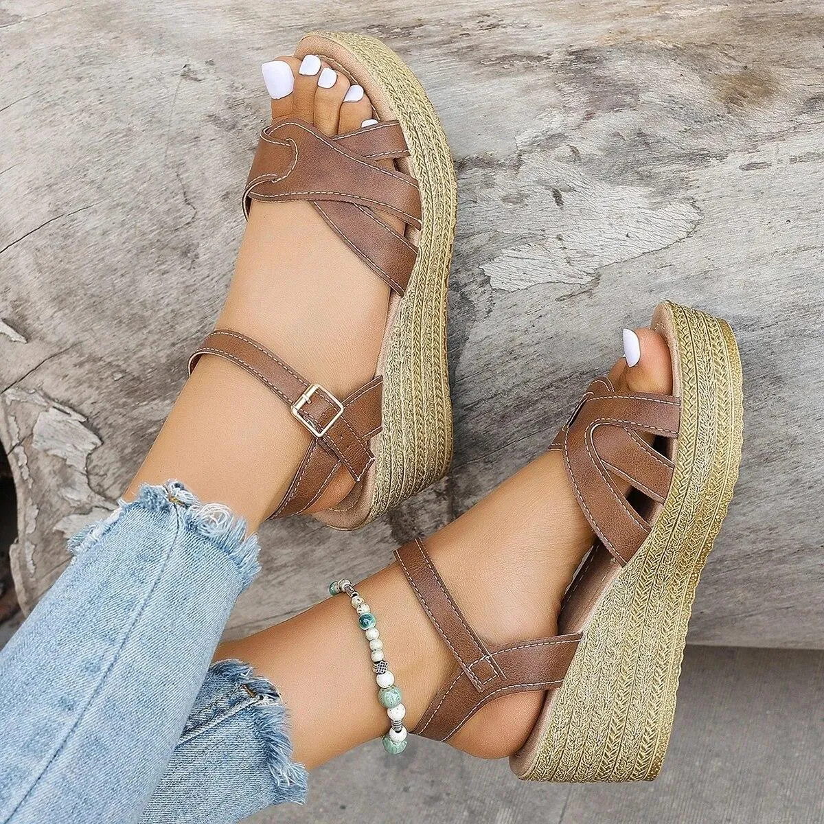 Sandali con zeppa con cinturino incrociato da donna Sandali con zeppa con fondo spesso Cinturino con fibbia Scarpe da gladiatore