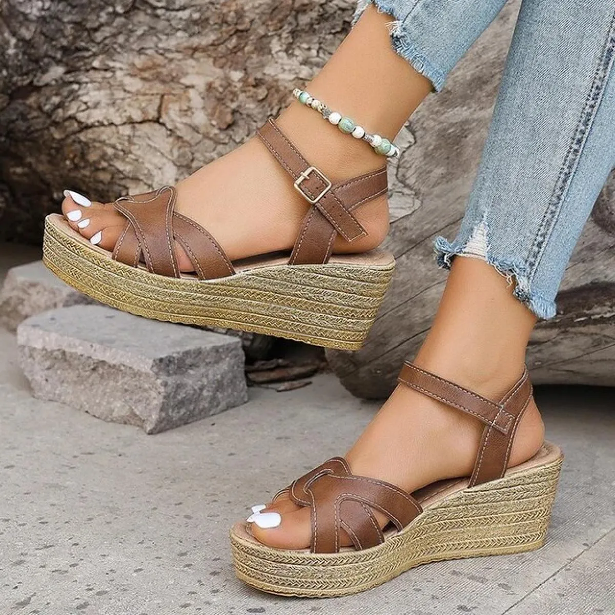 Sandali con zeppa con cinturino incrociato da donna Sandali con zeppa con fondo spesso Cinturino con fibbia Scarpe da gladiatore