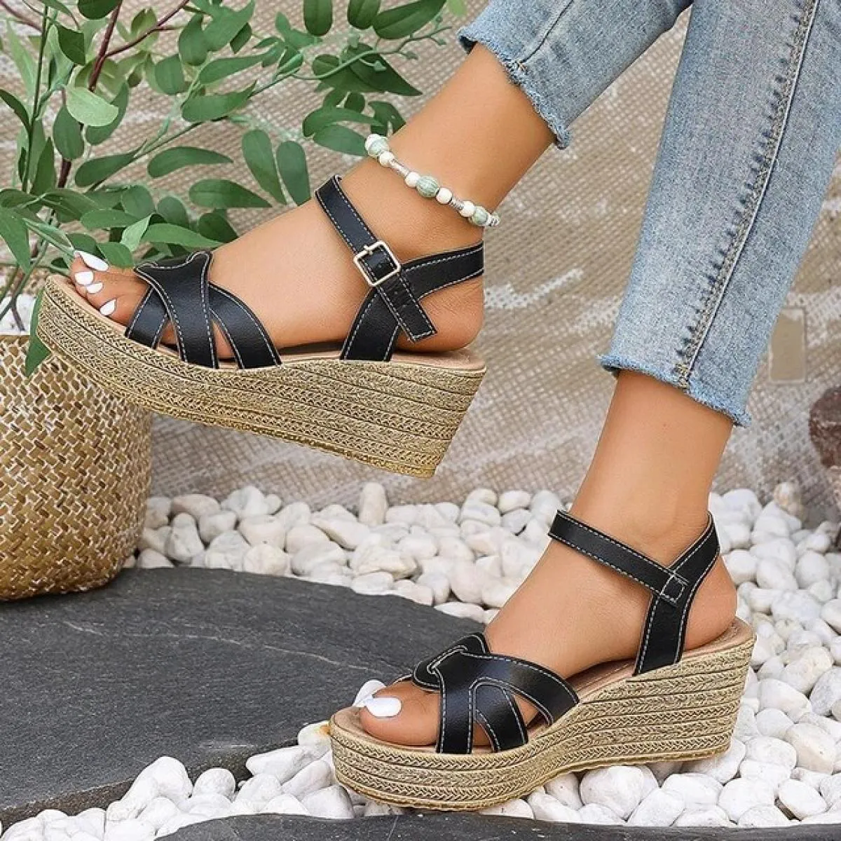 Sandali con zeppa con cinturino incrociato da donna Sandali con zeppa con fondo spesso Cinturino con fibbia Scarpe da gladiatore