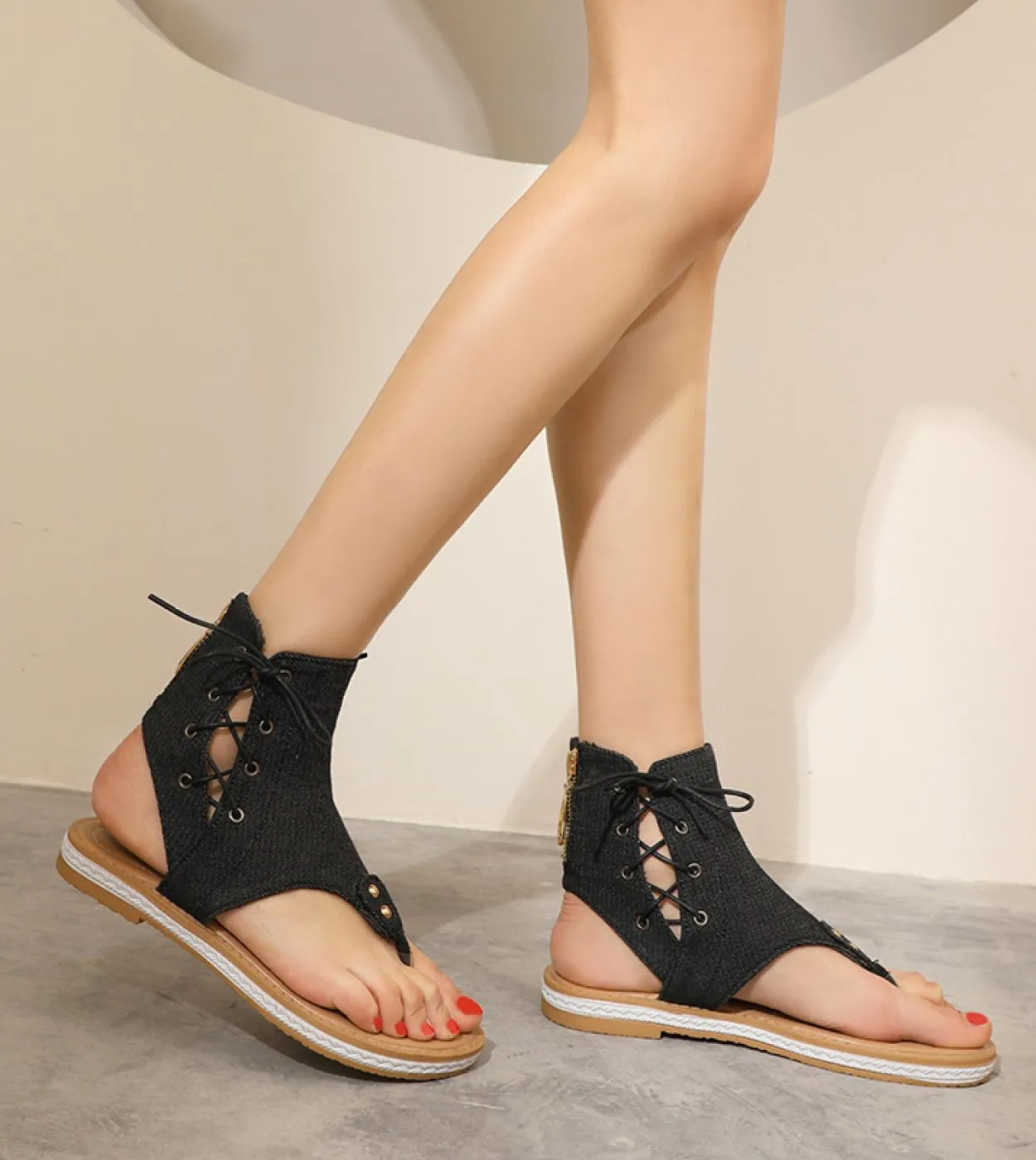 Sandali da donna romani 2022 Sandali con tacco piatto Gladiatore Scarpe estive in tela per donna Stringate Zapatos Mujer Taglia