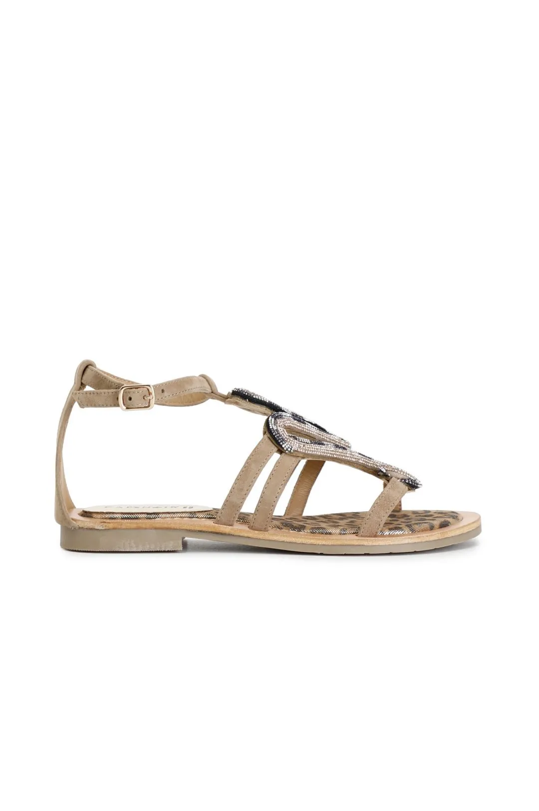 sandali in camoscio e stampa maculata con accessorio strass multi bronzo