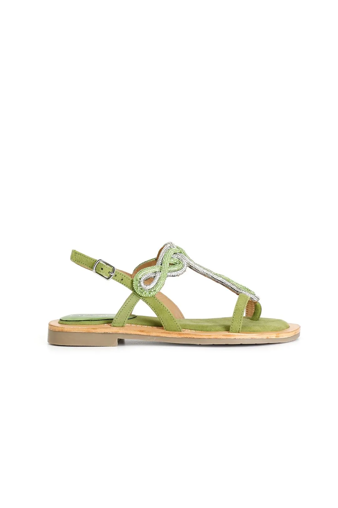 sandali infradito in camoscio con accessorio strass verde