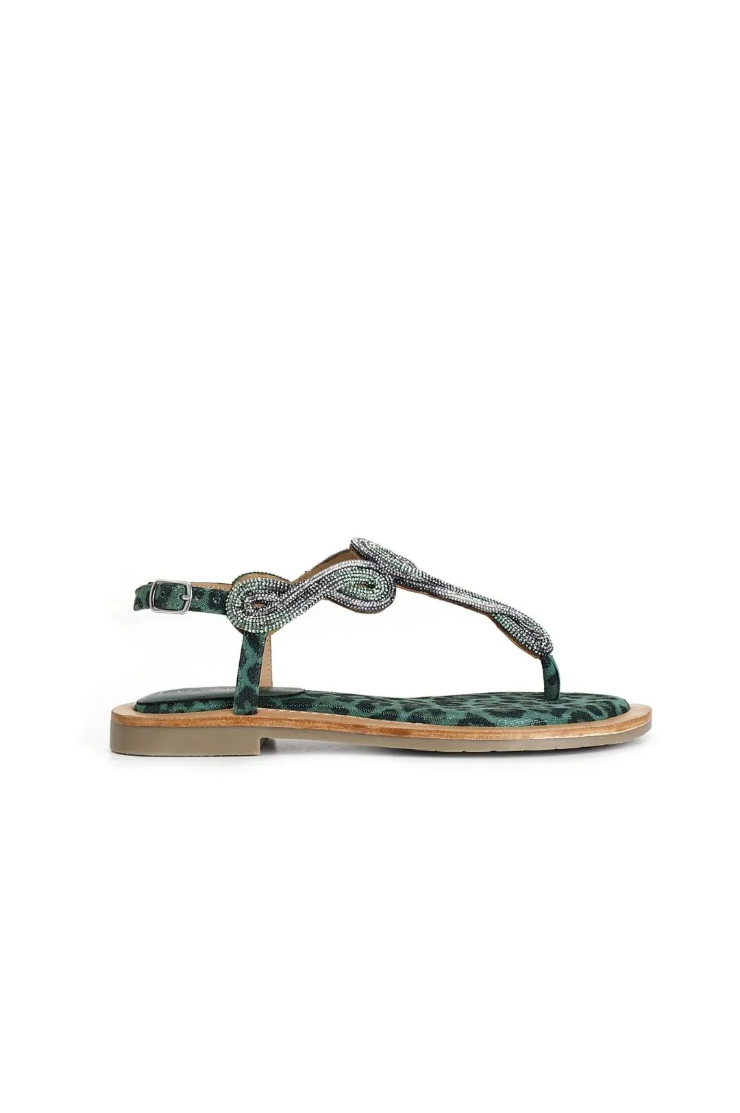 sandali infradito in camoscio e stampa maculata con accessorio strass multi verde
