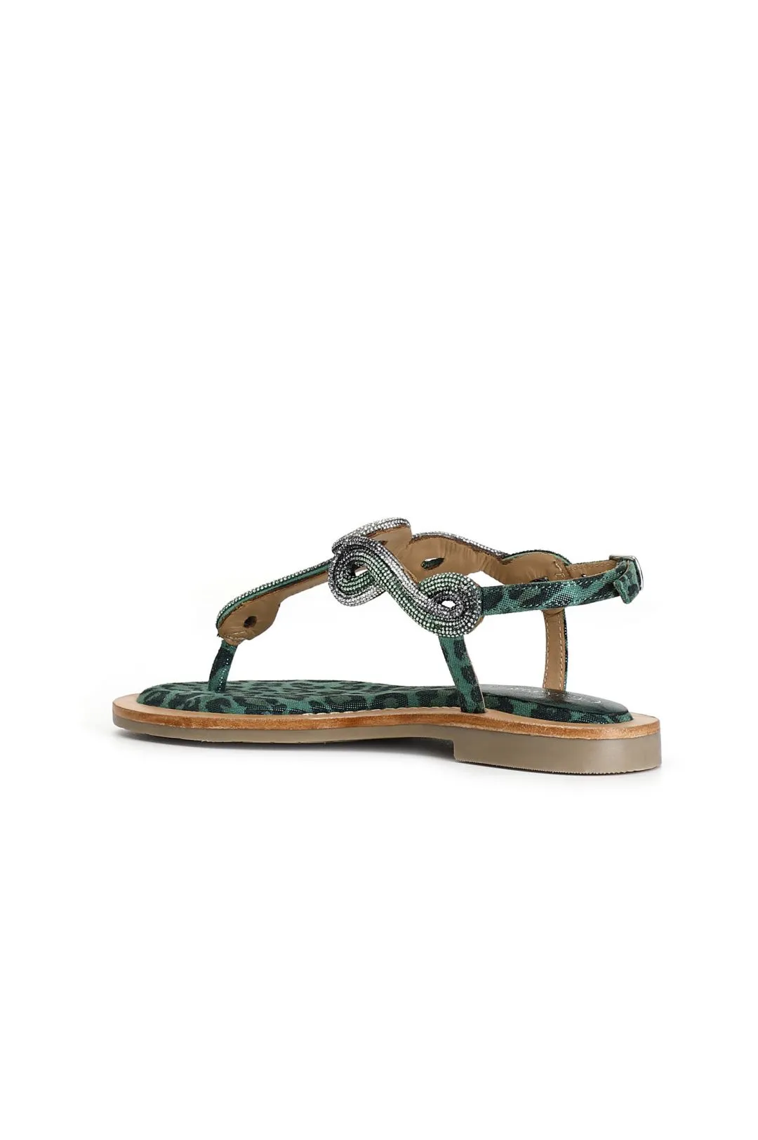 sandali infradito in camoscio e stampa maculata con accessorio strass multi verde