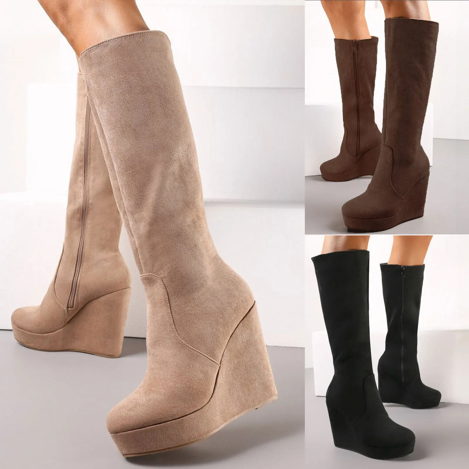 Stivali Al Ginocchio Donna Scamosciati Zeppa Zx0898-02