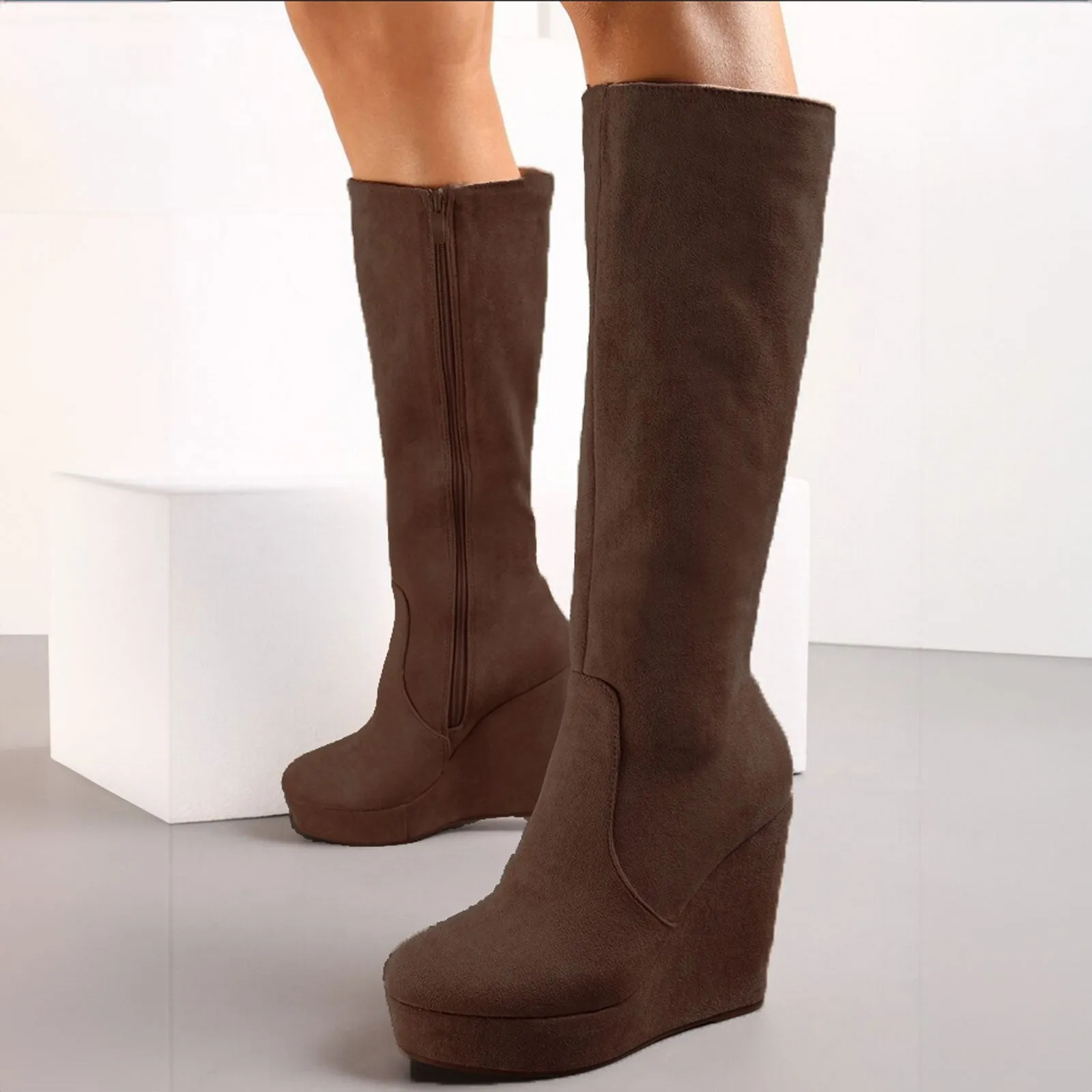 Stivali Al Ginocchio Donna Scamosciati Zeppa Zx0898-02