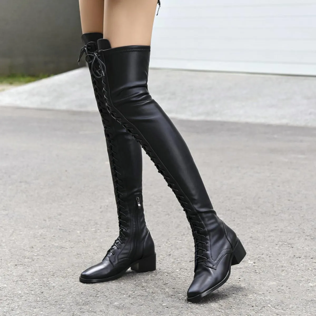 Stivali sopra il ginocchio da donna incrociati in vera pelle Autunno Inverno Moda Punta quadrata Scarpe casual da donna Taglia 4