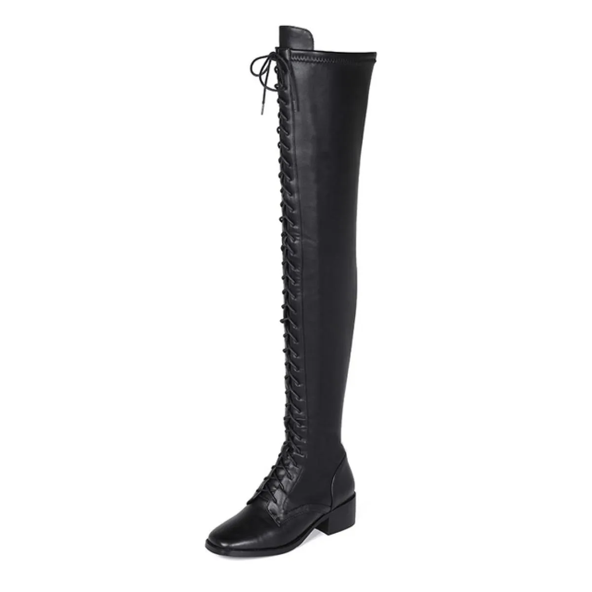 Stivali sopra il ginocchio da donna incrociati in vera pelle Autunno Inverno Moda Punta quadrata Scarpe casual da donna Taglia 4