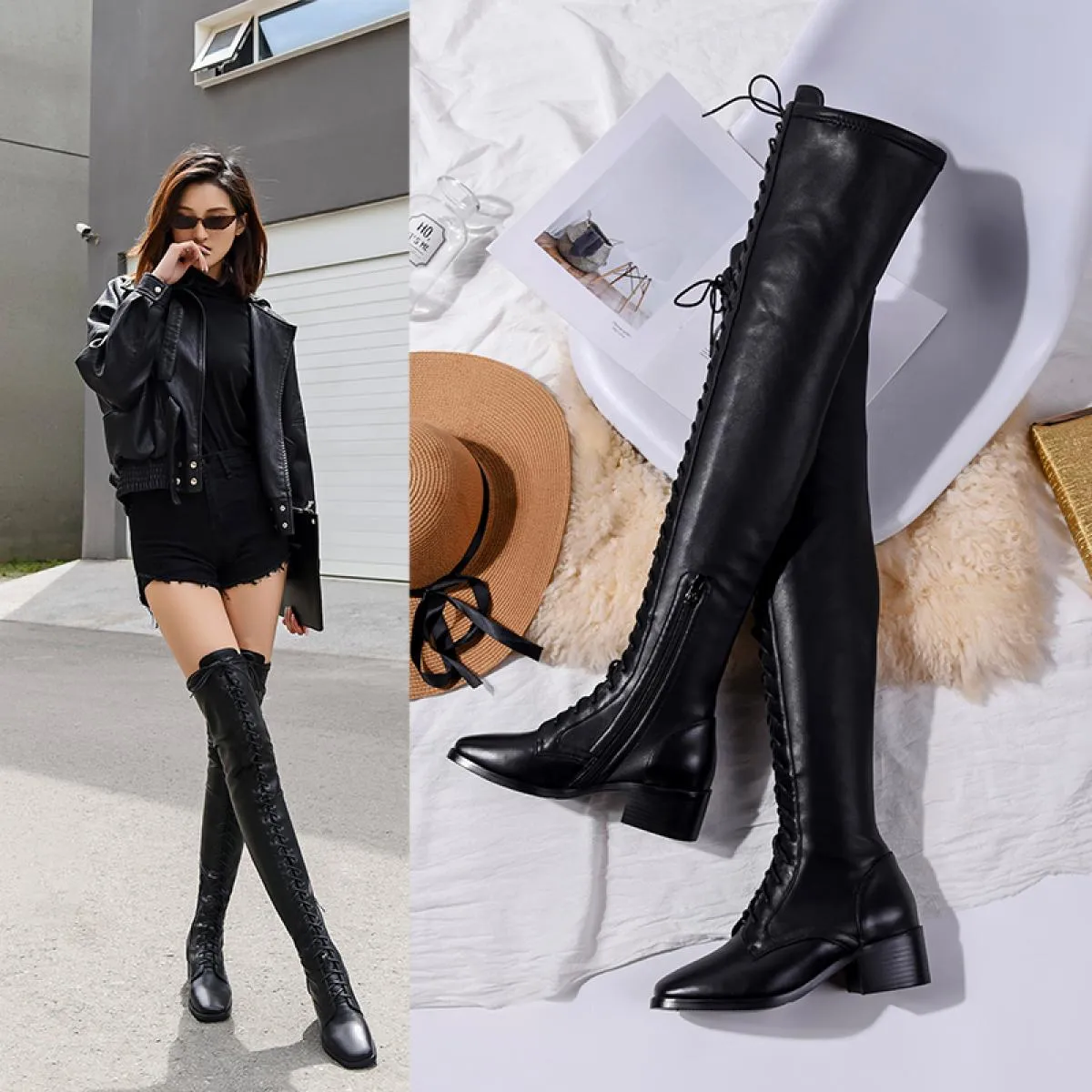 Stivali sopra il ginocchio da donna incrociati in vera pelle Autunno Inverno Moda Punta quadrata Scarpe casual da donna Taglia 4