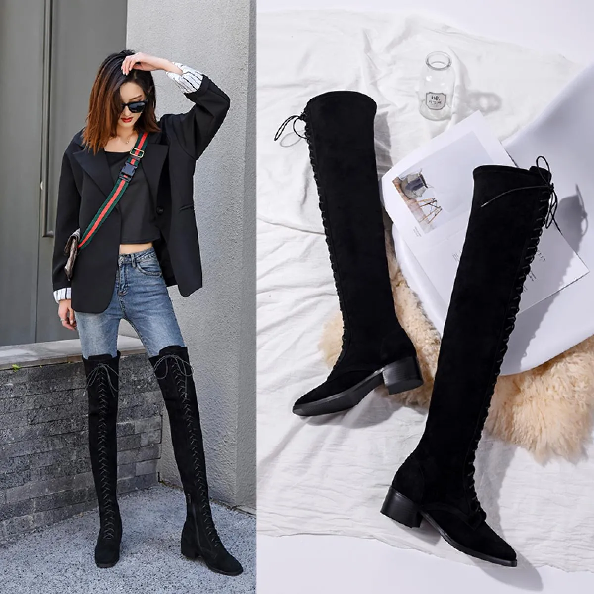Stivali sopra il ginocchio da donna incrociati in vera pelle Autunno Inverno Moda Punta quadrata Scarpe casual da donna Taglia 4