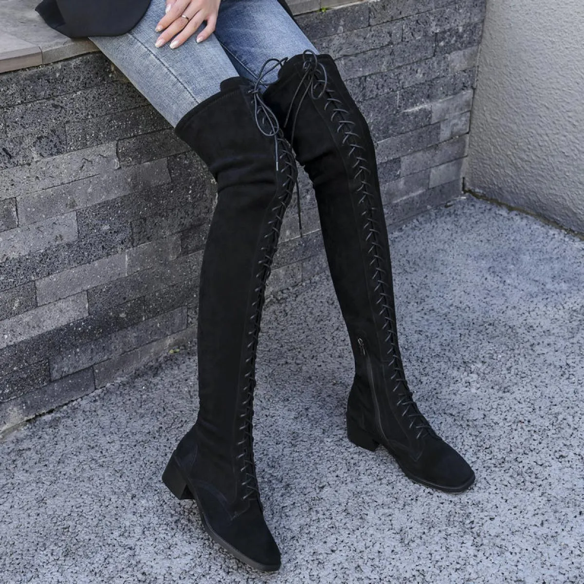 Stivali sopra il ginocchio da donna incrociati in vera pelle Autunno Inverno Moda Punta quadrata Scarpe casual da donna Taglia 4